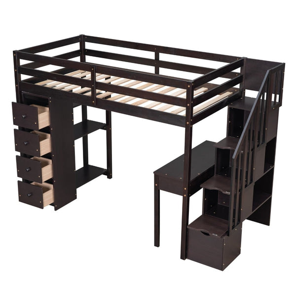 English Elm Twin Loft Bed with Stair Drawers Built-in Desk and Shelves Solid Pine Frame LT000340AAP