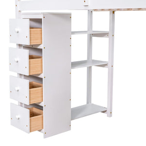 English Elm Twin Loft Bed with Stair Drawers Built-in Desk and Shelves Solid Pine Frame White LT000340AAK
