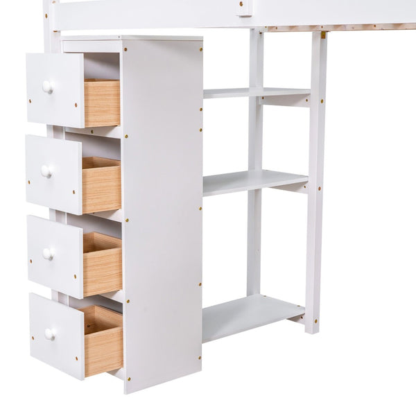 English Elm Twin Loft Bed with Stair Drawers Built-in Desk and Shelves Solid Pine Frame White LT000340AAK
