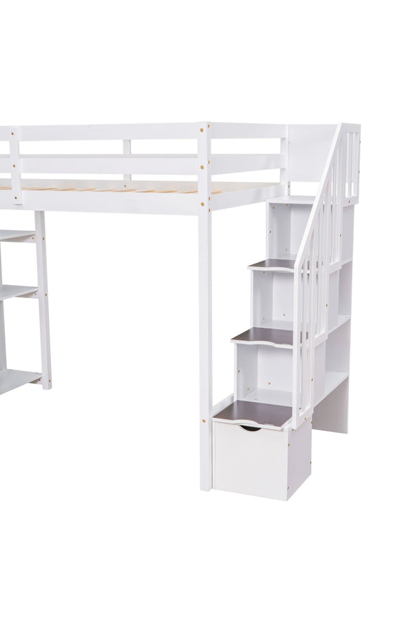 English Elm Twin Loft Bed with Stairs Drawers and Shelves Solid Pine Kids Bedroom Storage LT000338AAK