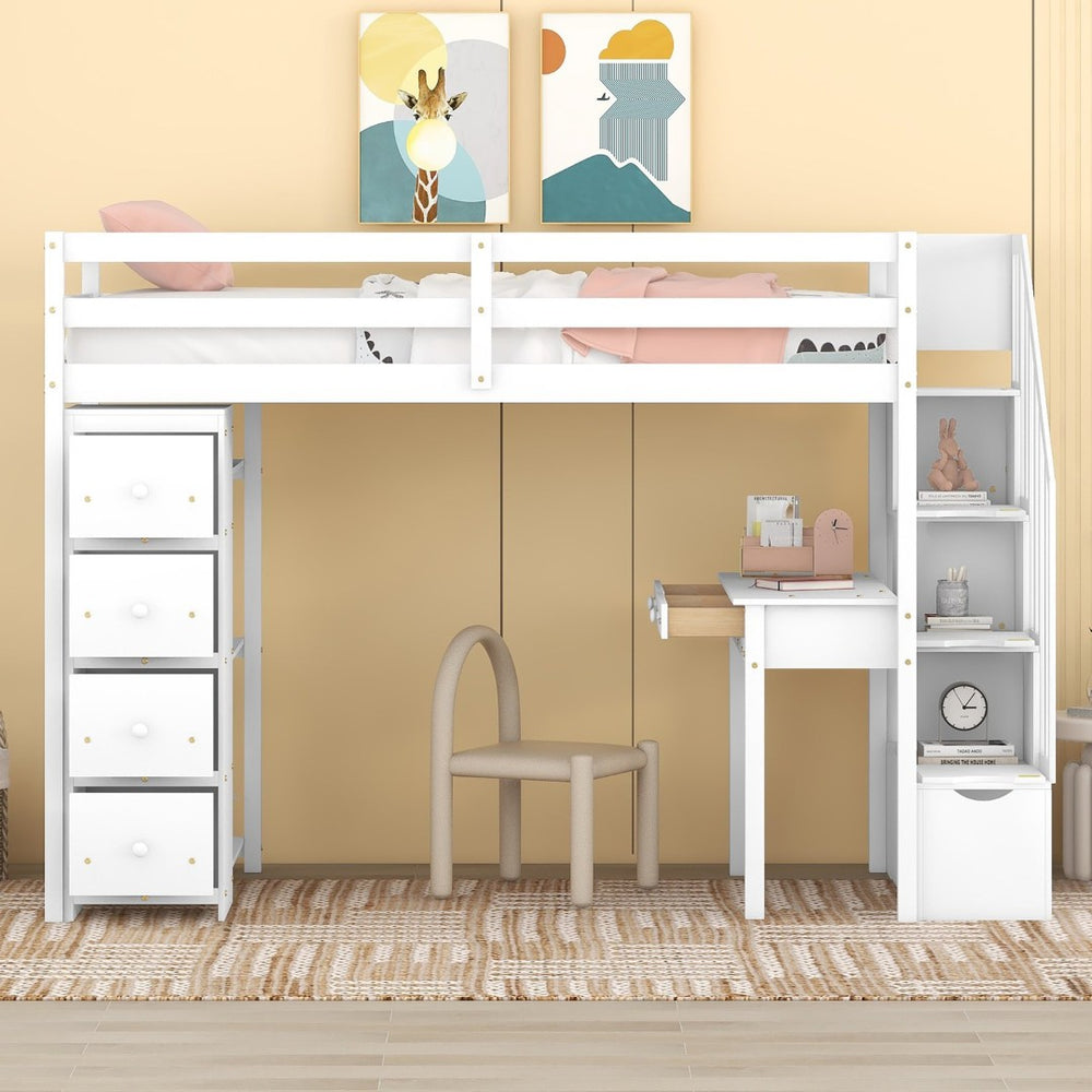 English Elm Twin Loft Bed with Stair Drawers Built-in Desk and Shelves Solid Pine Frame White LT000340AAK