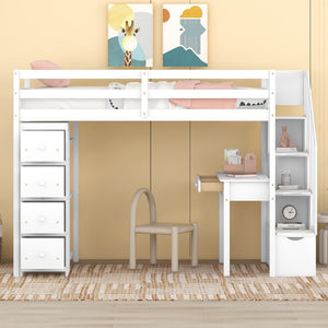 English Elm Twin Loft Bed with Stair Drawers Built-in Desk and Shelves Solid Pine Frame White LT000340AAK