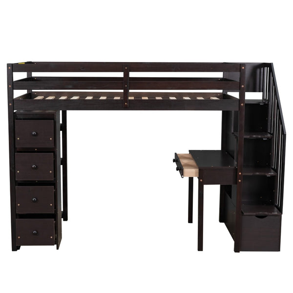English Elm Twin Loft Bed with Stair Drawers Built-in Desk and Shelves Solid Pine Frame LT000340AAP