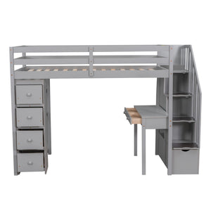 English Elm Twin Loft Bed with Stair Drawers Built-in Desk and Shelves Solid Pine Frame Gray LT000340AAE