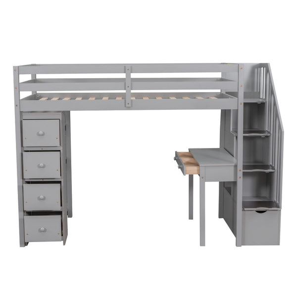 English Elm Twin Loft Bed with Stair Drawers Built-in Desk and Shelves Solid Pine Frame Gray LT000340AAE