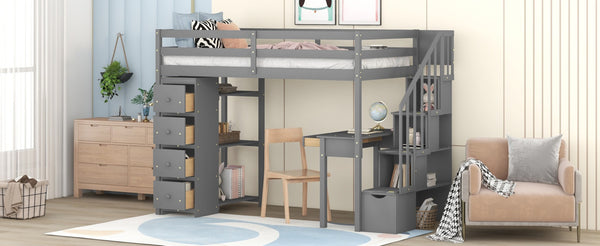 English Elm Twin Loft Bed with Stair Drawers Built-in Desk and Shelves Solid Pine Frame Gray LT000340AAE