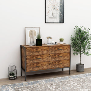 English Elm Industrial 6 Drawer Double Dresser – Rustic Brown Wood Storage Chest With Sturdy Steel Frame For Style W141260283