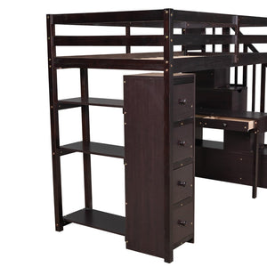 English Elm Twin Loft Bed with Stair Drawers Built-in Desk and Shelves Solid Pine Frame LT000340AAP