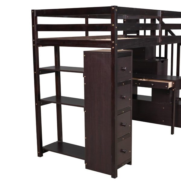 English Elm Twin Loft Bed with Stair Drawers Built-in Desk and Shelves Solid Pine Frame LT000340AAP