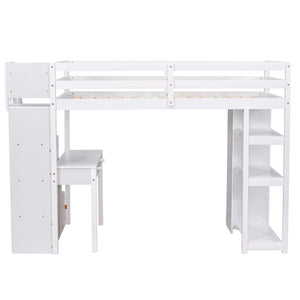 English Elm Twin Loft Bed with Stair Drawers Built-in Desk and Shelves Solid Pine Frame White LT000340AAK