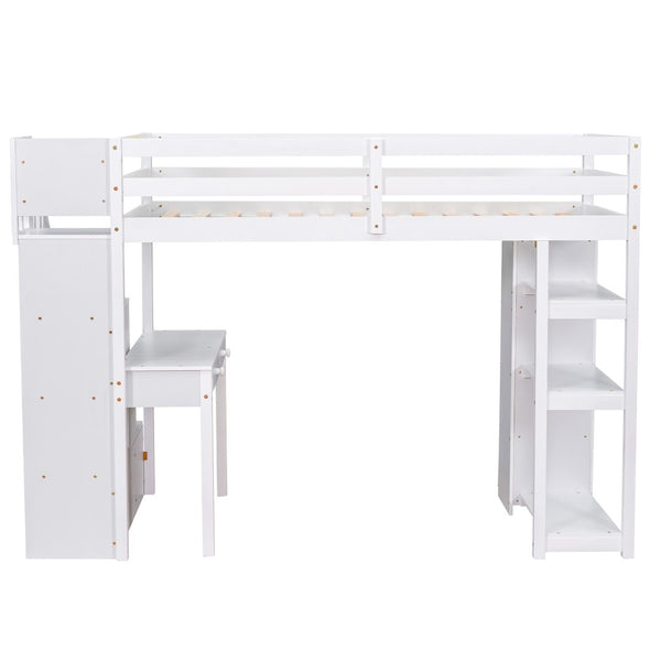 English Elm Twin Loft Bed with Stair Drawers Built-in Desk and Shelves Solid Pine Frame White LT000340AAK