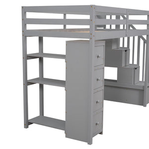 English Elm Twin Loft Bed with Stairs Drawers and Shelves Solid Pine Kids Bedroom Storage LT000338AAE