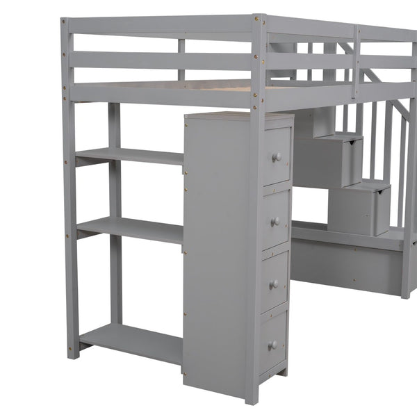 English Elm Twin Loft Bed with Stairs Drawers and Shelves Solid Pine Kids Bedroom Storage LT000338AAE