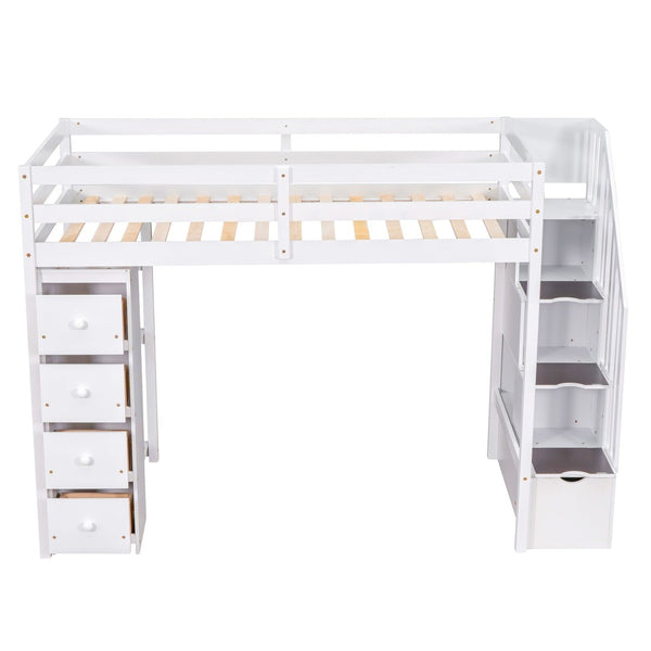 English Elm Twin Loft Bed with Stairs Drawers and Shelves Solid Pine Kids Bedroom Storage LT000338AAK