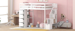 English Elm Twin Loft Bed with Stairs Drawers and Shelves Solid Pine Kids Bedroom Storage LT000338AAK