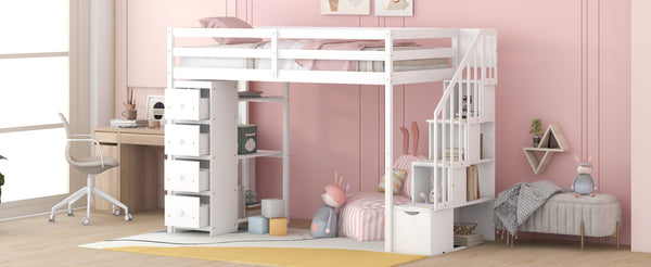 English Elm Twin Loft Bed with Stairs Drawers and Shelves Solid Pine Kids Bedroom Storage LT000338AAK