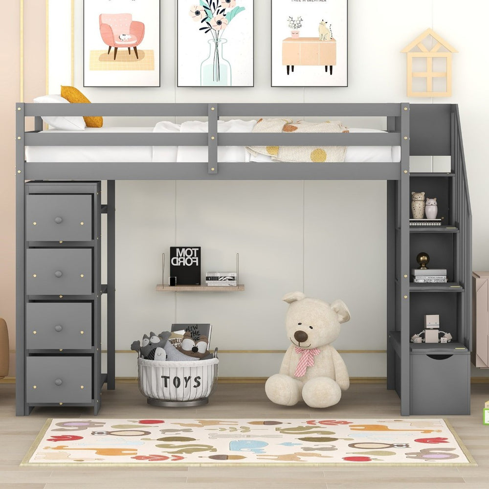 English Elm Twin Loft Bed with Stairs Drawers and Shelves Solid Pine Kids Bedroom Storage LT000338AAE
