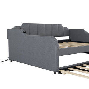 English Elm Full Full Size Upholstery Daybed with Trundle, USB Charging Armrest, Gray Fabric, Durable Frame GX000542AAE