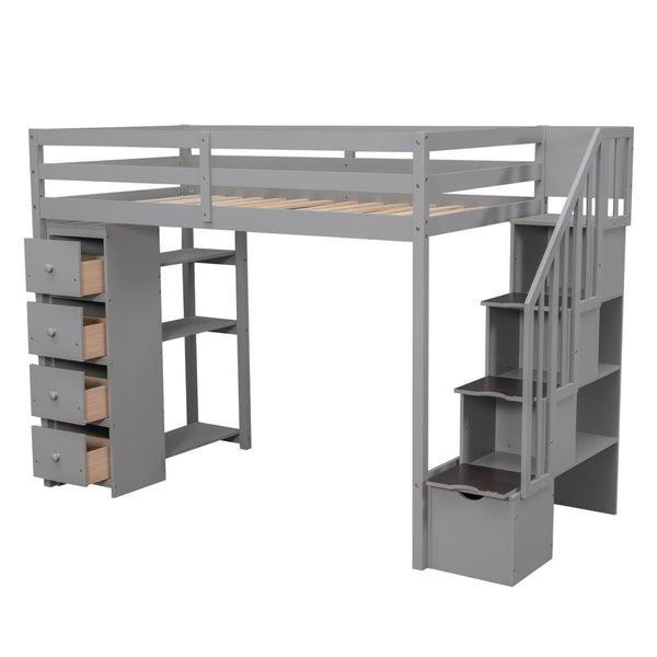 English Elm Twin Loft Bed with Stairs Drawers and Shelves Solid Pine Kids Bedroom Storage LT000338AAE