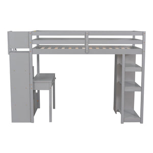 English Elm Twin Loft Bed with Stair Drawers Built-in Desk and Shelves Solid Pine Frame Gray LT000340AAE