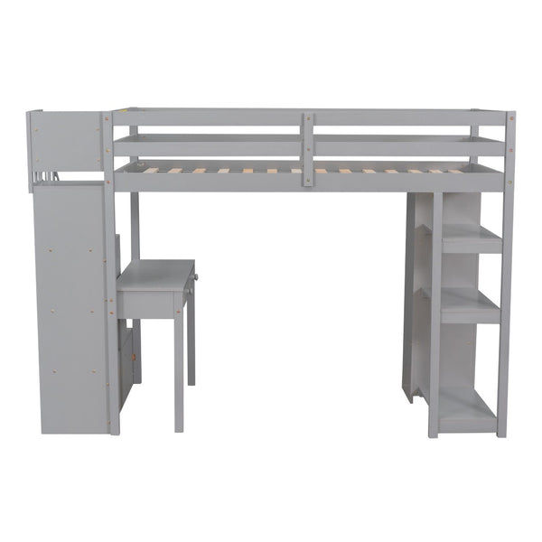 English Elm Twin Loft Bed with Stair Drawers Built-in Desk and Shelves Solid Pine Frame Gray LT000340AAE