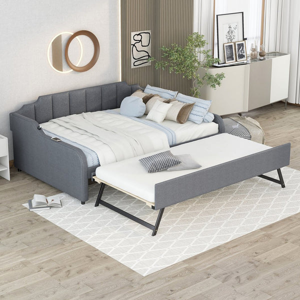 English Elm Full Full Size Upholstery Daybed with Trundle, USB Charging Armrest, Gray Fabric, Durable Frame GX000542AAE