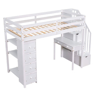 English Elm Twin Loft Bed with Stair Drawers Built-in Desk and Shelves Solid Pine Frame White LT000340AAK