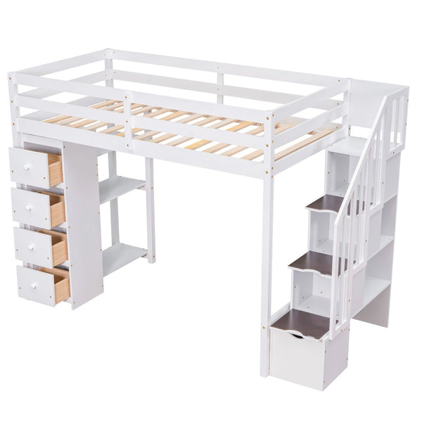 English Elm Twin Loft Bed with Stairs Drawers and Shelves Solid Pine Kids Bedroom Storage LT000338AAK