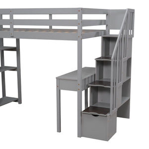 English Elm Twin Loft Bed with Stair Drawers Built-in Desk and Shelves Solid Pine Frame Gray LT000340AAE