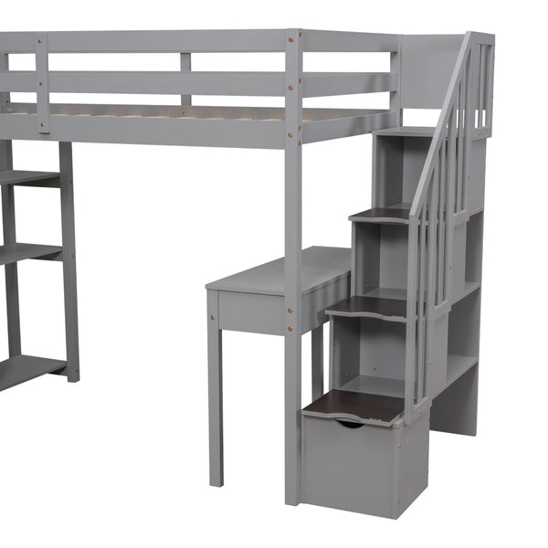 English Elm Twin Loft Bed with Stair Drawers Built-in Desk and Shelves Solid Pine Frame Gray LT000340AAE