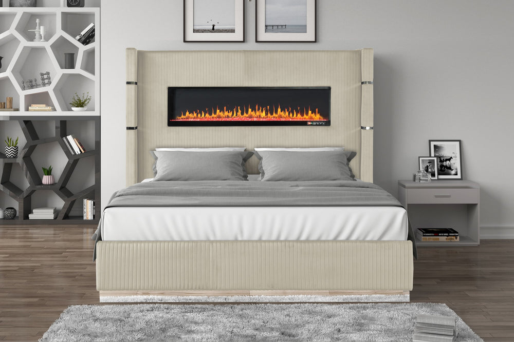 English Elm Upholstery Lizelle Queen Bed with LED Fireplace Display, Bluetooth Speakers, USB Ports, Velvet Finish G150108991