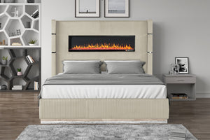 English Elm Lizelle King Bed with Ambient Fireplace Lighting, Bluetooth Speakers, USB Ports, Velvet Upholstery B00977492