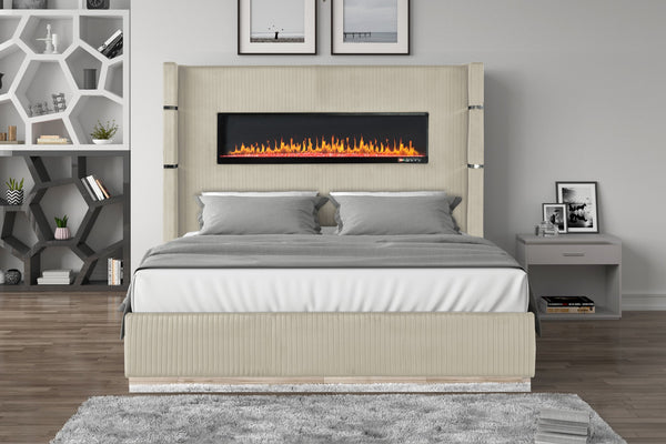 English Elm Lizelle King Bed with Ambient Fireplace Lighting, Bluetooth Speakers, USB Ports, Velvet Upholstery B00977492
