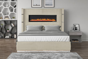 English Elm LIZZELLE Queen 5PC Bedroom Set with Ambient LED Fireplace Display, USB/Bluetooth Speakers, Velvet Upholstery B009S02103