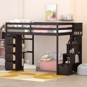 English Elm Twin Loft Bed with Stairs Drawers and Shelves Solid Pine Kids Bedroom Storage LT000338AAP