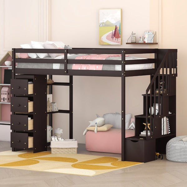 English Elm Twin Loft Bed with Stairs Drawers and Shelves Solid Pine Kids Bedroom Storage LT000338AAP