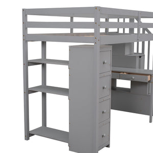 English Elm Twin Loft Bed with Stair Drawers Built-in Desk and Shelves Solid Pine Frame Gray LT000340AAE