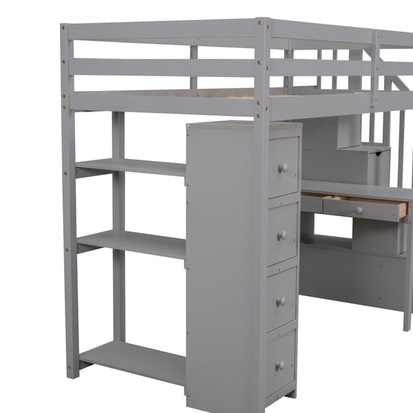 English Elm Twin Loft Bed with Stair Drawers Built-in Desk and Shelves Solid Pine Frame Gray LT000340AAE