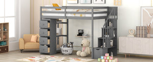 English Elm Twin Loft Bed with Stairs Drawers and Shelves Solid Pine Kids Bedroom Storage LT000338AAE