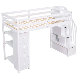 English Elm Twin Loft Bed with Stairs Drawers and Shelves Solid Pine Kids Bedroom Storage LT000338AAK