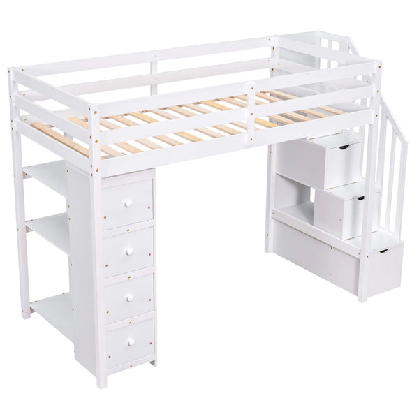 English Elm Twin Loft Bed with Stairs Drawers and Shelves Solid Pine Kids Bedroom Storage LT000338AAK
