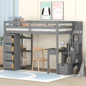 English Elm Twin Loft Bed with Stair Drawers Built-in Desk and Shelves Solid Pine Frame Gray LT000340AAE