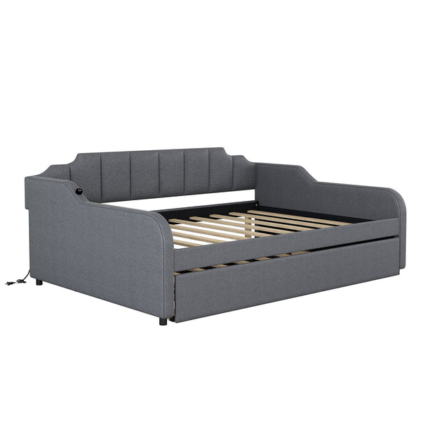 English Elm Full Full Size Upholstery Daybed with Trundle, USB Charging Armrest, Gray Fabric, Durable Frame GX000542AAE