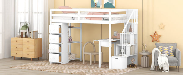 English Elm Twin Loft Bed with Stair Drawers Built-in Desk and Shelves Solid Pine Frame White LT000340AAK