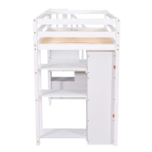 English Elm Twin Loft Bed with Stair Drawers Built-in Desk and Shelves Solid Pine Frame White LT000340AAK