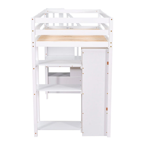 English Elm Twin Loft Bed with Stair Drawers Built-in Desk and Shelves Solid Pine Frame White LT000340AAK