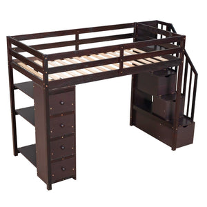 English Elm Twin Loft Bed with Stairs Drawers and Shelves Solid Pine Kids Bedroom Storage LT000338AAP