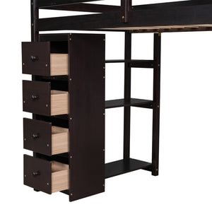English Elm Twin Loft Bed with Stair Drawers Built-in Desk and Shelves Solid Pine Frame LT000340AAP