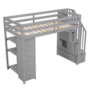 English Elm Twin Loft Bed with Stairs Drawers and Shelves Solid Pine Kids Bedroom Storage LT000338AAE