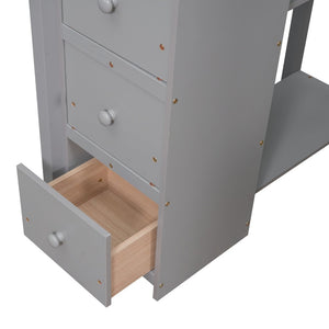 English Elm Twin Loft Bed with Stair Drawers Built-in Desk and Shelves Solid Pine Frame Gray LT000340AAE